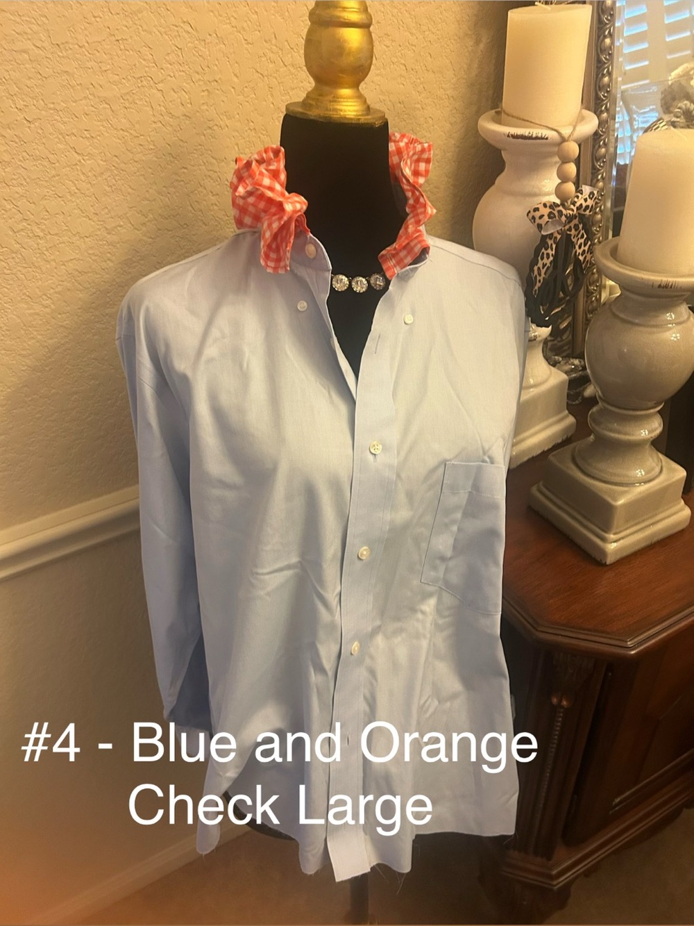 Ruffle Orange Check Collar Classic Light Blue Men's Button-Up Shirt - Large